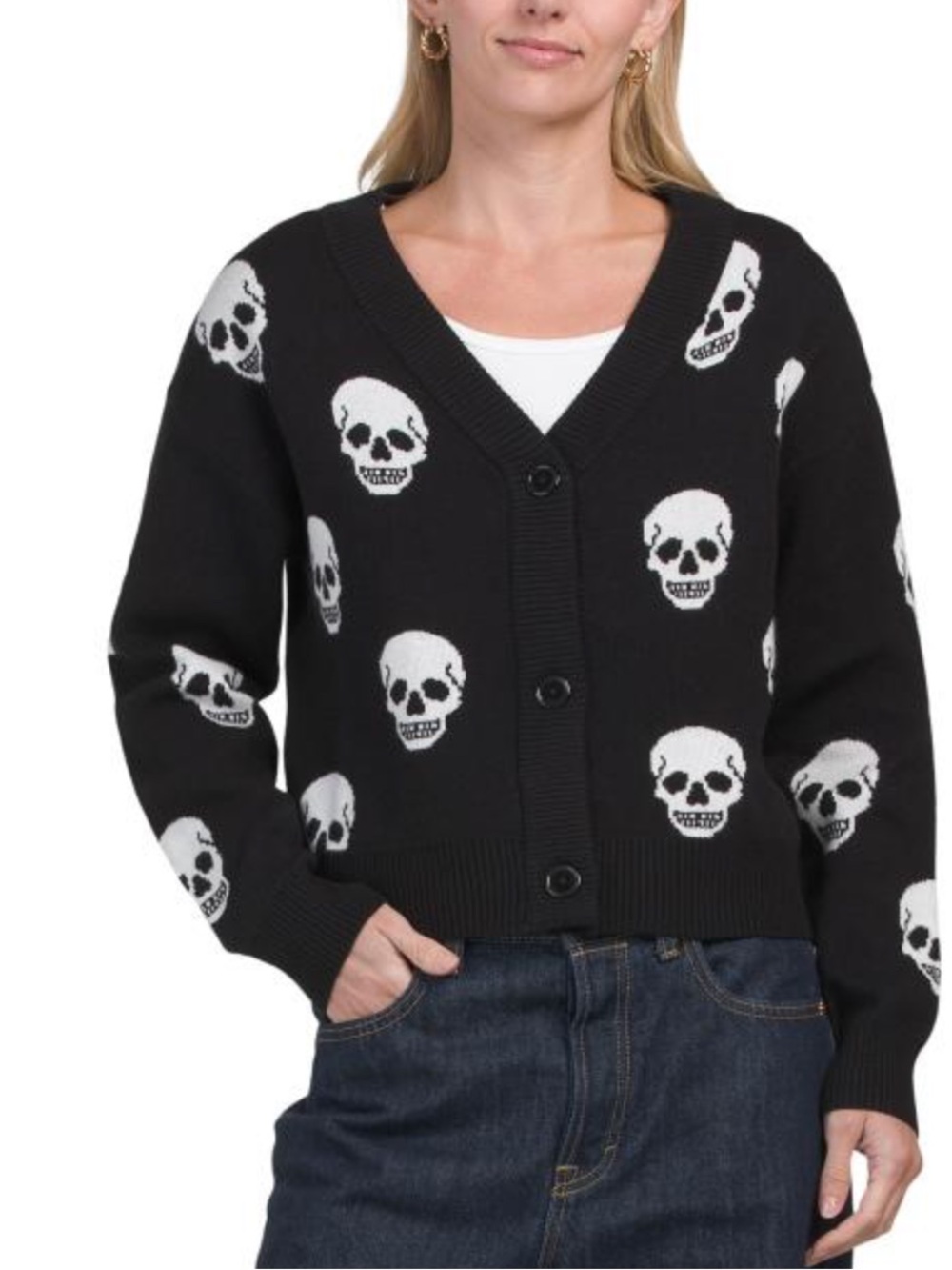 NWT Sincerely Jules Black Skull Pattern V-Neck Button Cardigan Sweater - M
